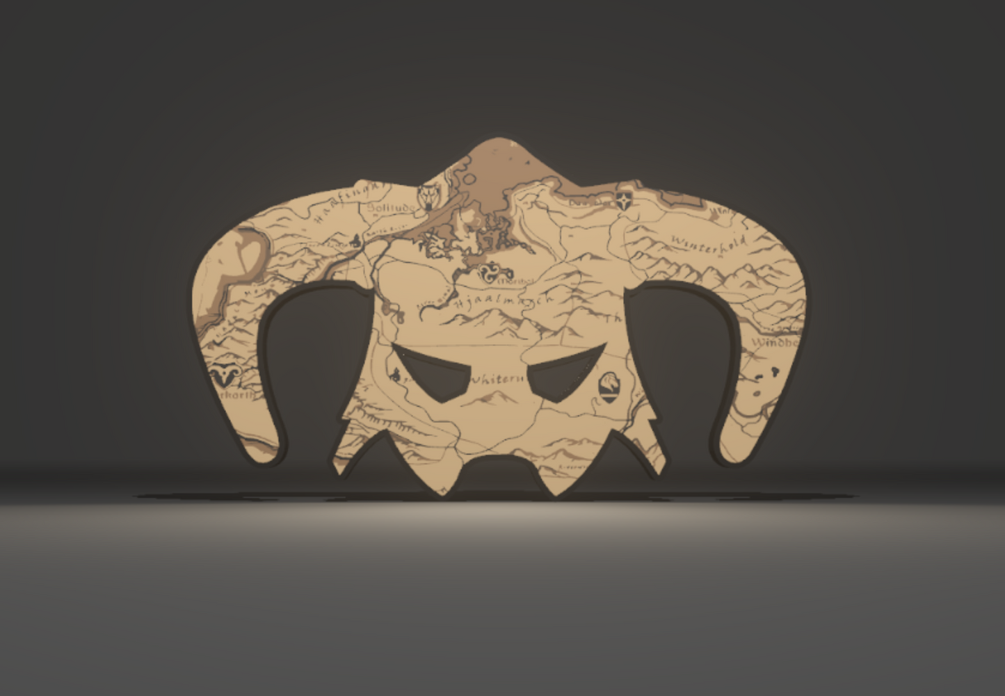 Skyrim Inspired Dragonborn Iron Helm (Helmet) and World Map Wall Sign, Desk Display, or Shelf Souvenir which is internally illuminated with high density LEDs and USB powered. Purchase available for limited time.