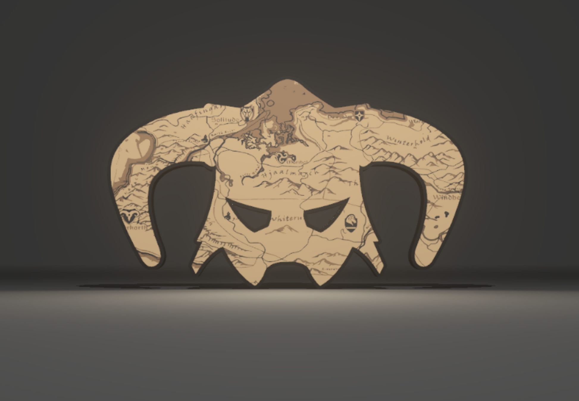 Skyrim Inspired Dragonborn Iron Helm (Helmet) and World Map Wall Sign, Desk Display, or Shelf Souvenir which is internally illuminated with high density LEDs and USB powered. Purchase available for limited time.