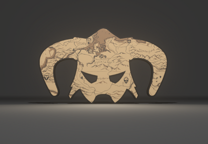 Skyrim Inspired Dragonborn Iron Helm (Helmet) and World Map Wall Sign, Desk Display, or Shelf Souvenir which is internally illuminated with high density LEDs and USB powered. Purchase available for limited time.
