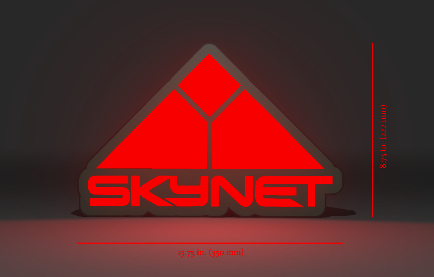 Dimensions for Terminator Inspired SKYNET logo as a Wall Sign, Desk Display, or Shelf Souvenir which is internally illuminated with high density LEDs and USB powered. Purchase available for limited time.