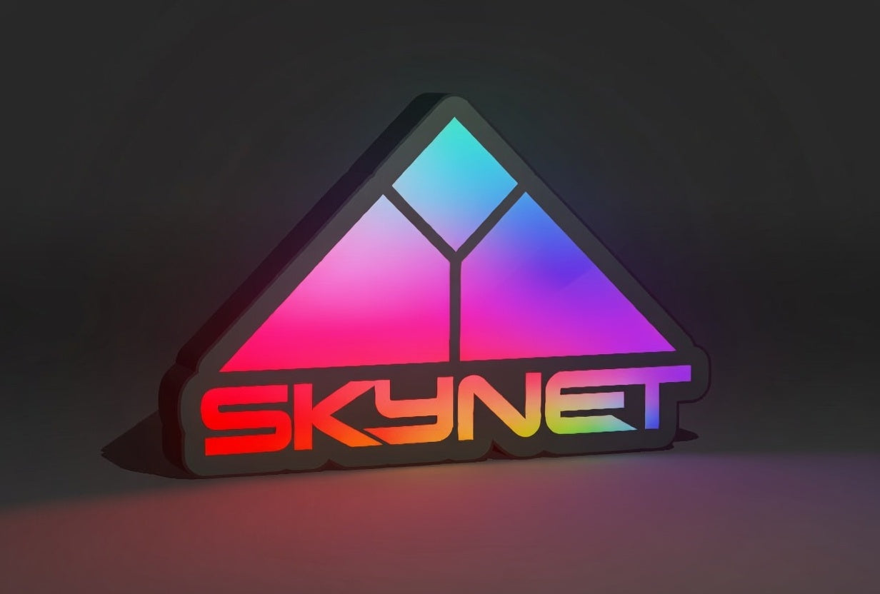 RGB Version (variation) of the Terminator Inspired SKYNET logo as a Wall Sign, Desk Display, or Shelf Souvenir which is internally illuminated with high density LEDs and USB powered. Purchase available for limited time.