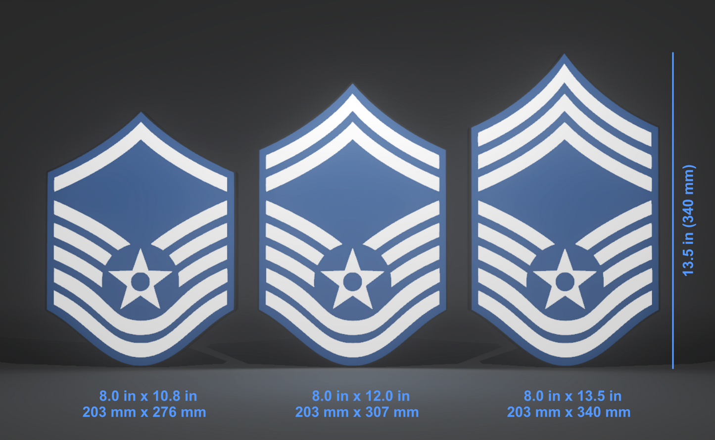 Dimensions for the USAF E7 E8 E9 MSgt Senior Enlisted Military Rank Insignia 3D Wall Sign, Desk Display, or Shelf Souvenir which is internally illuminated with high density LEDs and USB powered. Purchase available for limited time.