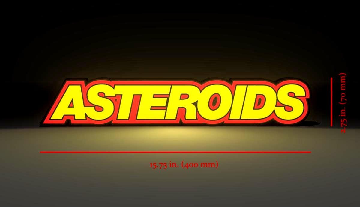 Dimensions for the ASTEROIDS (1979) Inspired Arcade Marquee Wall Sign, Desk Display, or Shelf Souvenir which is internally illuminated with high density LEDs and USB powered. Purchase available for limited time.