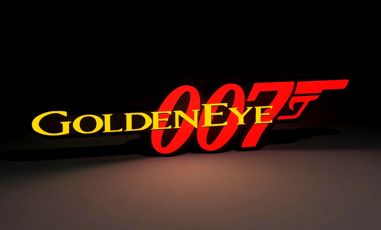 James Bond Inspired Goldeneye 007 Wall Sign, Desk Display, or Shelf Souvenir which is internally illuminated with high density LEDs and USB powered. Purchase available for limited time.