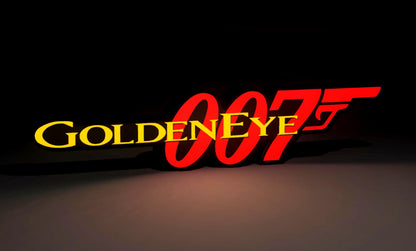 James Bond Inspired Goldeneye 007 Wall Sign, Desk Display, or Shelf Souvenir which is internally illuminated with high density LEDs and USB powered. Purchase available for limited time.