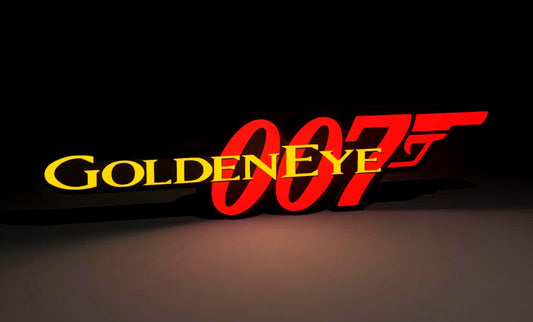 James Bond Inspired Goldeneye 007 Wall Sign, Desk Display, or Shelf Souvenir which is internally illuminated with high density LEDs and USB powered. Purchase available for limited time.