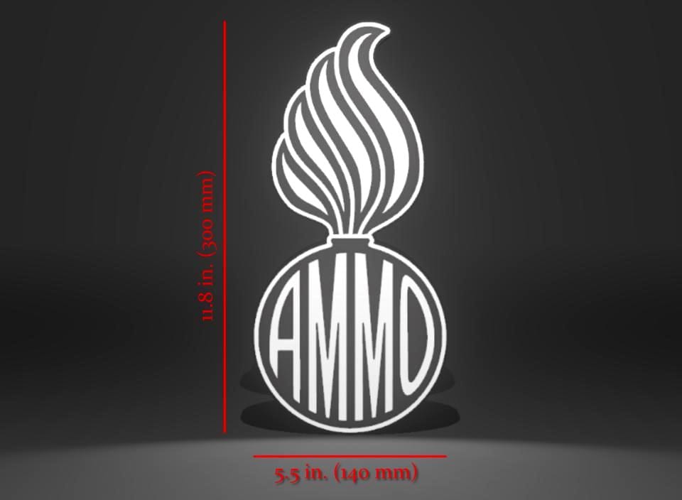 Dimensions for the the U.S. Air Force (USAF) and U.S. Army AMMO PissPot Custom Insignia Wall Sign, Desk Display, or Shelf Souvenir which is internally illuminated with high density LEDs and USB powered. Purchase available for limited time.