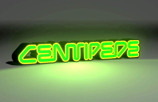 Centipede (1981) Inspired Arcade Marquee Wall Sign, Desk Display, or Shelf Souvenir which is internally illuminated with high density LEDs and USB powered. Purchase available for limited time.