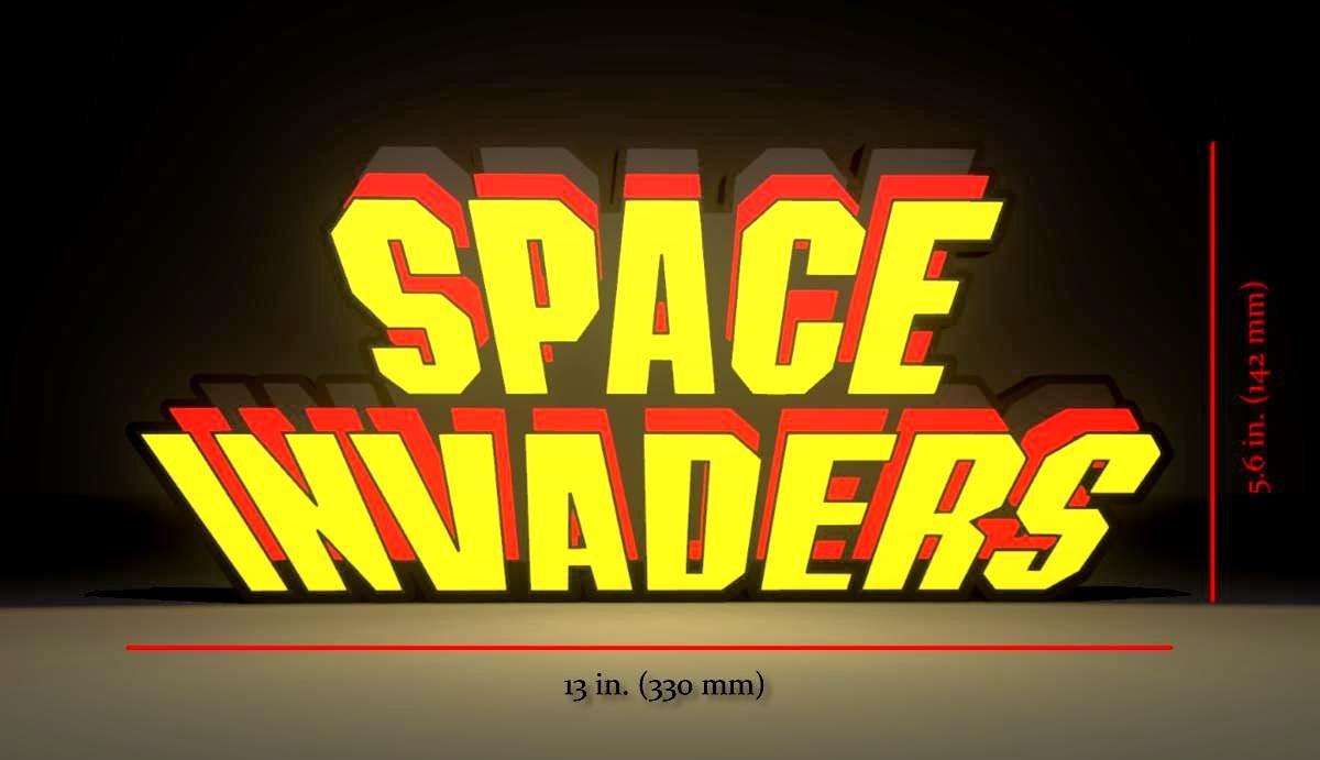 Dimensions for the Space Invaders (1978) Inspired Arcade Marquee Wall Sign, Desk Display, or Shelf Souvenir which is internally illuminated with high density LEDs and USB powered. Purchase available for limited time.
