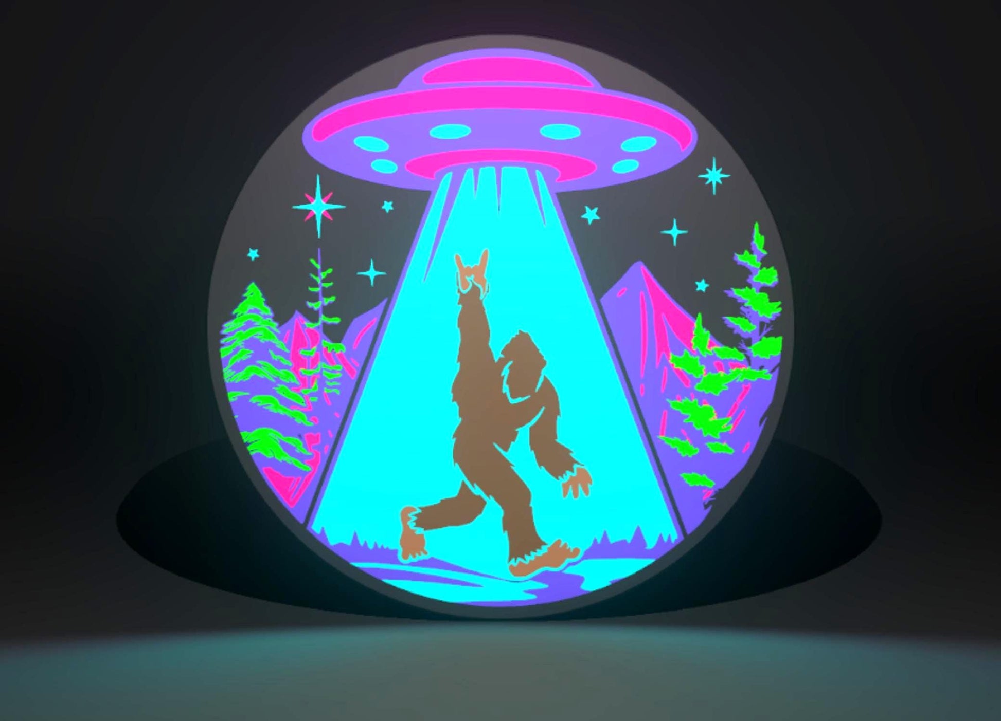 Cyber Neon Sasquatch (Bigfoot) and UFO Inspired Cryptid Wall Sign, Desk Display, or Shelf Souvenir which is internally illuminated with high density LEDs and USB powered. Purchase available for limited time.