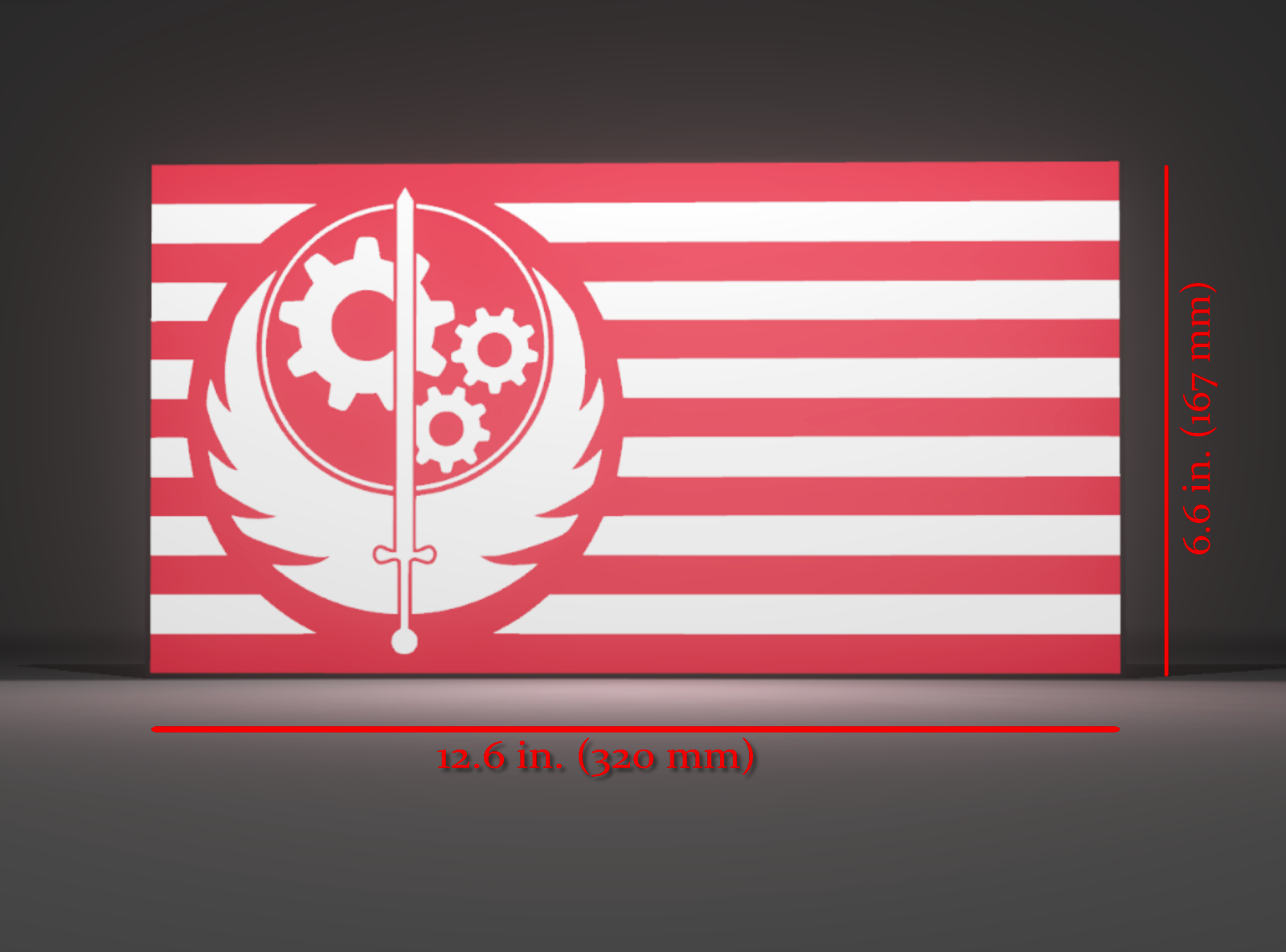 Dimensions for the Fallout Inspired Brotherhood of Steel Flag & Logo as a Wall Sign, Desk Display, or Shelf Souvenir which is internally illuminated with high density LEDs and USB powered. Purchase available for limited time.