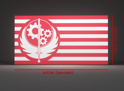 Dimensions for the Fallout Inspired Brotherhood of Steel Flag & Logo as a Wall Sign, Desk Display, or Shelf Souvenir which is internally illuminated with high density LEDs and USB powered. Purchase available for limited time.