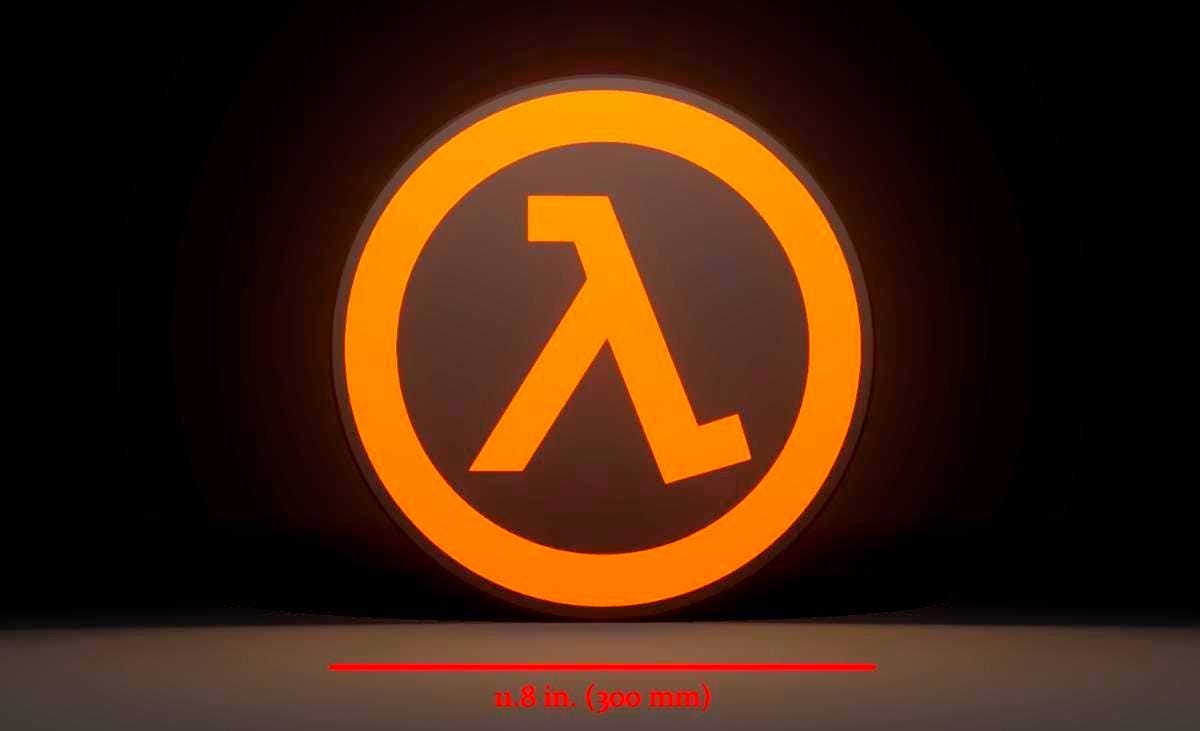 Dimensions for Valve Inspired Half-Life (1998) 3D Wall Sign, Desk Display, or Shelf Souvenir which is internally illuminated with high density LEDs and USB powered. Purchase available for limited time.