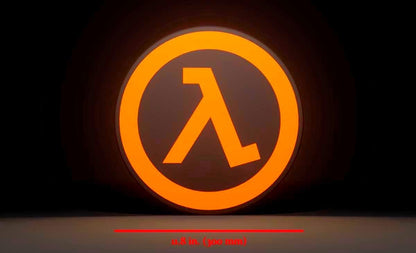 Dimensions for Valve Inspired Half-Life (1998) 3D Wall Sign, Desk Display, or Shelf Souvenir which is internally illuminated with high density LEDs and USB powered. Purchase available for limited time.