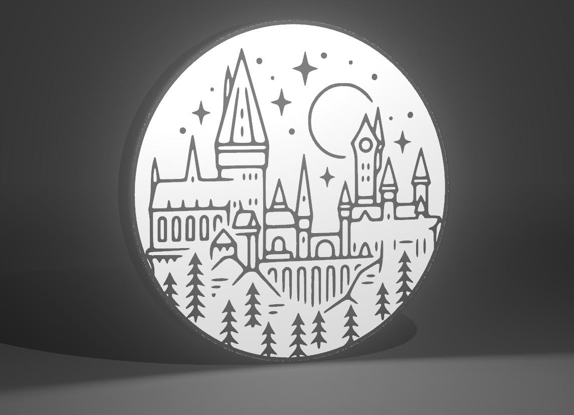 Harry Potter Inspired Hogwarts School of Witchcraft and Wizardry 3D Wall Sign, Desk Display, or Shelf Souvenir which is internally illuminated with high density LEDs and USB powered. Purchase available for limited time.