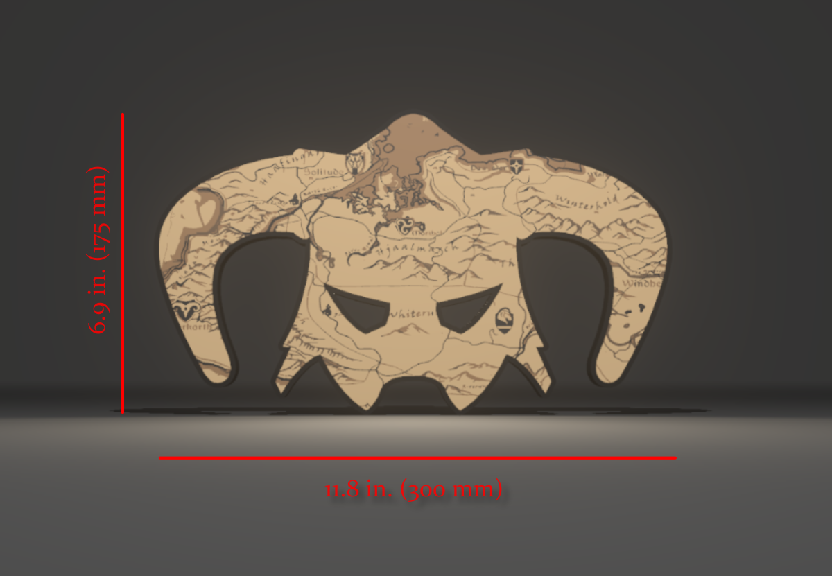 Dimensions for the Skyrim Inspired Dragonborn Iron Helm (Helmet) and World Map Wall Sign, Desk Display, or Shelf Souvenir which is internally illuminated with high density LEDs and USB powered. Purchase available for limited time.