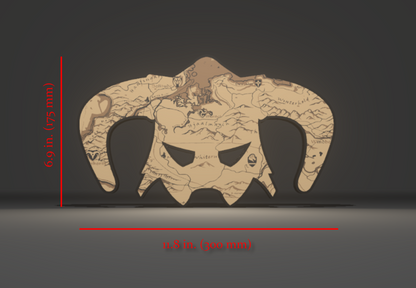 Dimensions for the Skyrim Inspired Dragonborn Iron Helm (Helmet) and World Map Wall Sign, Desk Display, or Shelf Souvenir which is internally illuminated with high density LEDs and USB powered. Purchase available for limited time.