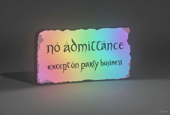 RGB Version (variation) of the Lord of the Rings and The Hobbit Inspired "No Acceptance Except on Party Business" Bilbo Baggins and Bagend 3D Wall Sign, Desk Display, or Shelf Souvenir which is internally illuminated with high density LEDs and USB powered. Purchase available for limited time.