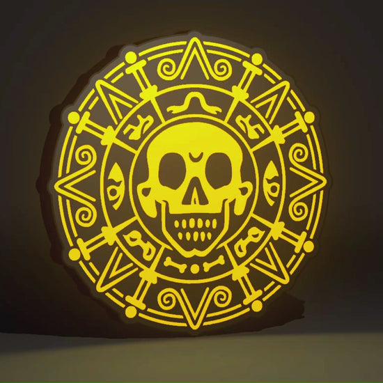 Pirates of the Caribbean Inspired Cursed Aztec Gold as a Wall Sign, Desk Display, or Shelf Souvenir which is internally illuminated with high density LEDs and USB powered. Purchase available for limited time.
