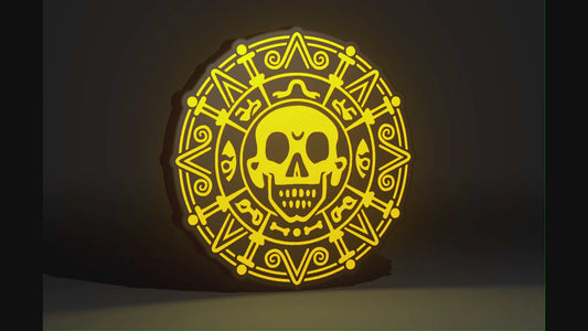 Pirates of the Caribbean Inspired Cursed Aztec Gold as a Wall Sign, Desk Display, or Shelf Souvenir which is internally illuminated with high density LEDs and USB powered. Purchase available for limited time.