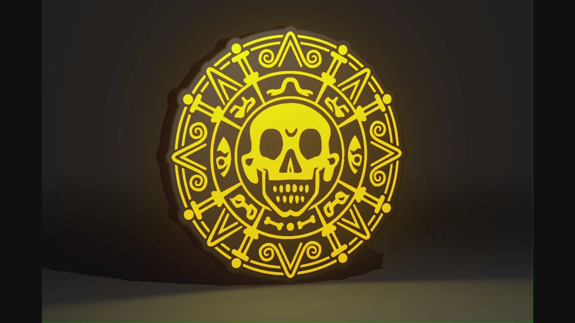 Pirates of the Caribbean Inspired Cursed Aztec Gold as a Wall Sign, Desk Display, or Shelf Souvenir which is internally illuminated with high density LEDs and USB powered. Purchase available for limited time.