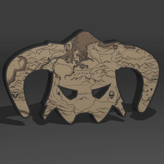 Skyrim Inspired Dragonborn Iron Helm (Helmet) and World Map Wall Sign, Desk Display, or Shelf Souvenir which is internally illuminated with high density LEDs and USB powered. Purchase available for limited time.