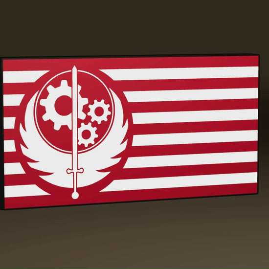 Fallout Inspired Brotherhood of Steel Flag & Logo as a Wall Sign, Desk Display, or Shelf Souvenir which is internally illuminated with high density LEDs and USB powered. Purchase available for limited time.