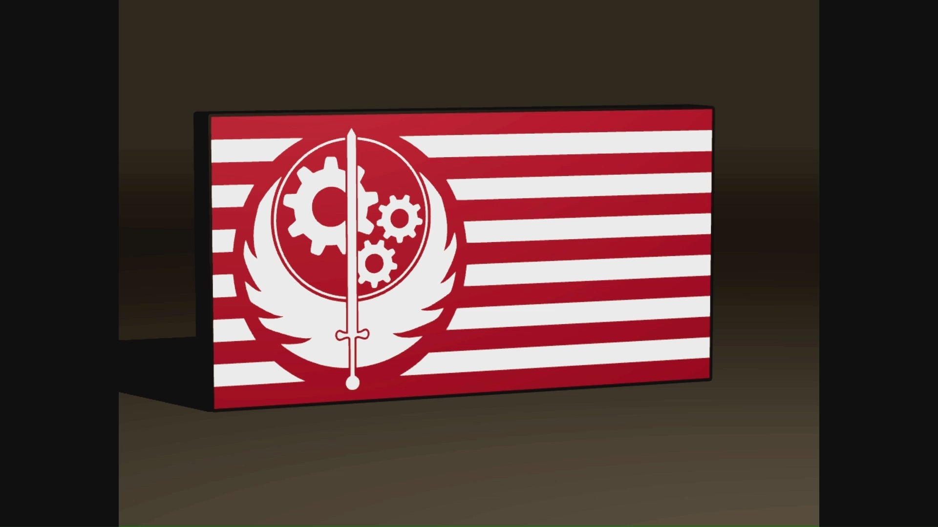 Fallout Inspired Brotherhood of Steel Flag & Logo as a Wall Sign, Desk Display, or Shelf Souvenir which is internally illuminated with high density LEDs and USB powered. Purchase available for limited time.