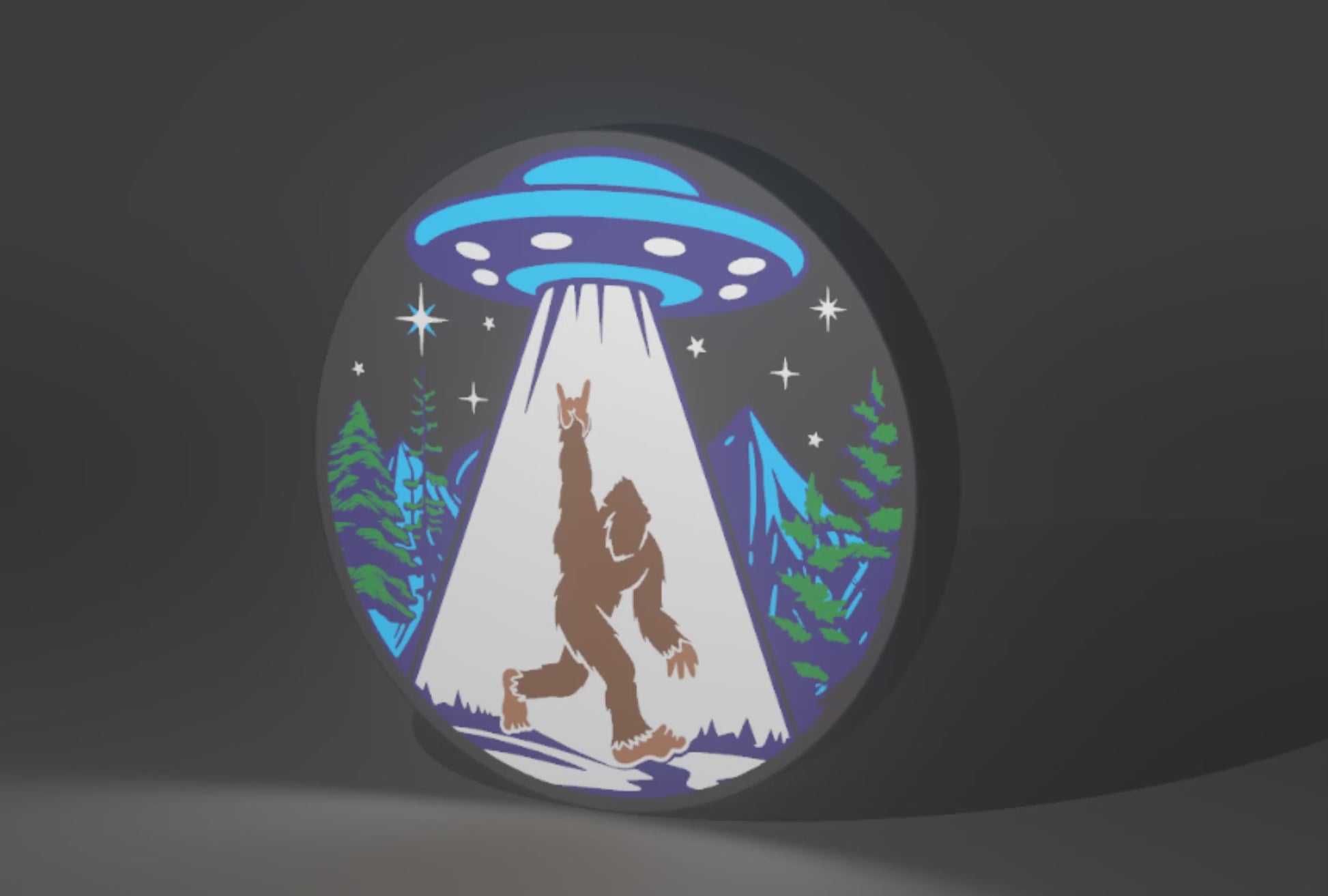 Sasquatch (Bigfoot) and UFO Inspired Cryptid Wall Sign, Desk Display, or Shelf Souvenir which is internally illuminated with high density LEDs and USB powered. Purchase available for limited time.