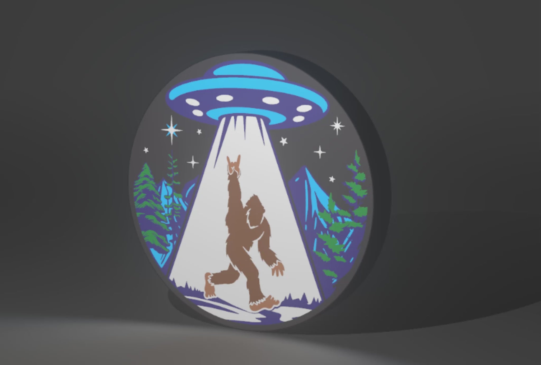 Sasquatch (Bigfoot) and UFO Inspired Cryptid Wall Sign, Desk Display, or Shelf Souvenir which is internally illuminated with high density LEDs and USB powered. Purchase available for limited time.
