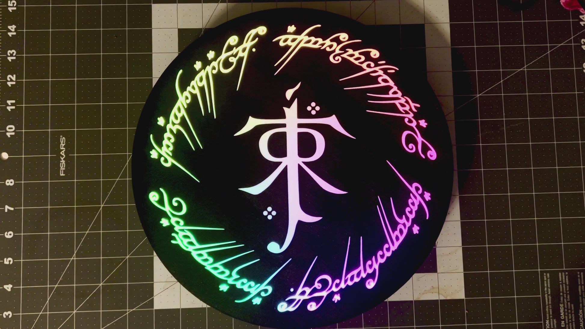 LOTR Tolkien Monogram & The One Ring Script Wall Sign, Desk Display, or Shelf Souvenir which is internally illuminated with high density LEDs and USB powered. Purchase available for limited time.