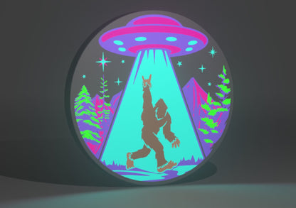 Cyber Neon Sasquatch (Bigfoot) and UFO Inspired Cryptid Wall Sign, Desk Display, or Shelf Souvenir which is internally illuminated with high density LEDs and USB powered. Purchase available for limited time.