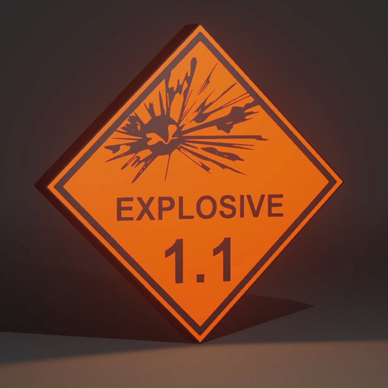 Explosive Placard 1.1 Hazard Class Division 3D Wall Sign, Desk Display, or Shelf Souvenir which is internally illuminated with high density LEDs and USB powered. Purchase available for limited time.