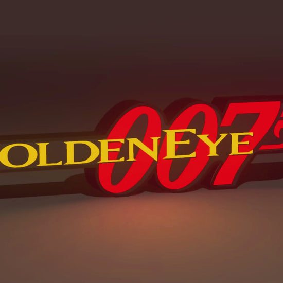 James Bond Inspired Goldeneye 007 Wall Sign, Desk Display, or Shelf Souvenir which is internally illuminated with high density LEDs and USB powered. Purchase available for limited time.
