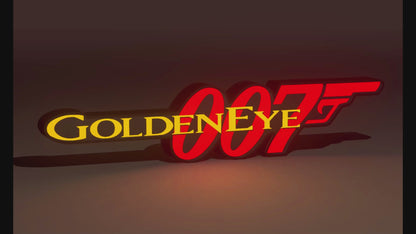 James Bond Inspired Goldeneye 007 Wall Sign, Desk Display, or Shelf Souvenir which is internally illuminated with high density LEDs and USB powered. Purchase available for limited time.